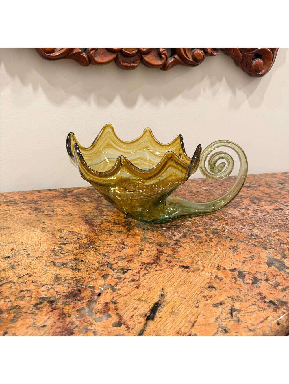 Vintage Sooner Glass Green & Gold Swirl Art Glass Cornucopia Bowl